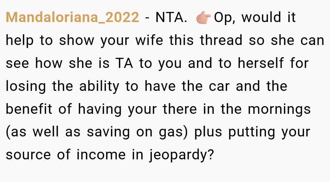Mandaloriana_2022 − NTA. 👉🏼Op, would it help to show your wife this thread so she can see how she is TA to you and to herself for losing the ability to have the car and the benefit of having your there in the mornings (as well as saving on gas) plus putting your source of income in jeopardy?