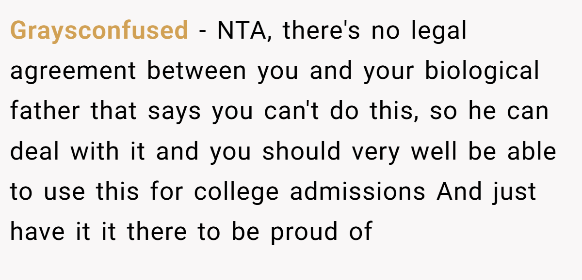 Graysconfused − NTA, there's no legal agreement between you and your biological father that says you can't do this, so he can deal with it and you should very well be able to use this for college admissions And just have it it there to be proud of