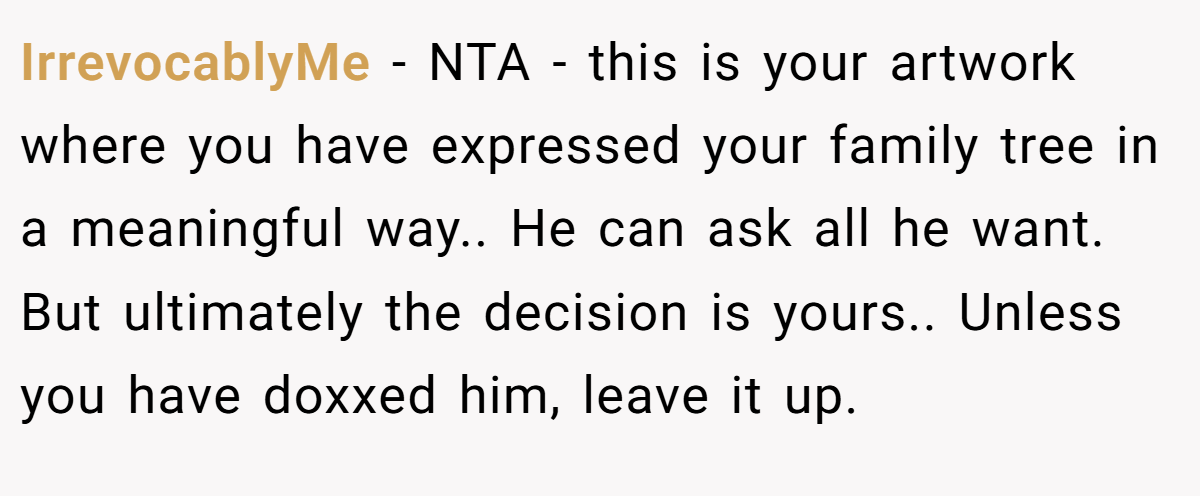 IrrevocablyMe − NTA - this is your artwork where you have expressed your family tree in a meaningful way.. He can ask all he want. But ultimately the decision is yours.. Unless you have doxxed him, leave it up.