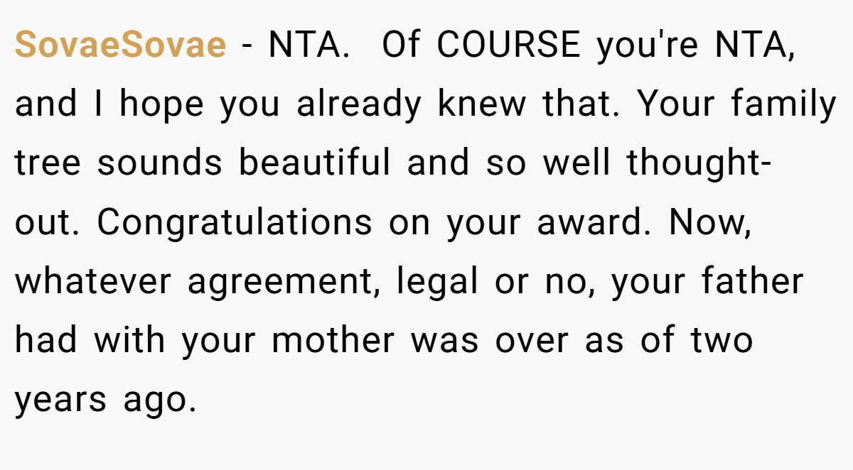 SovaeSovae − NTA. ​ Of COURSE you're NTA, and I hope you already knew that. Your family tree sounds beautiful and so well thought-out. Congratulations on your award. Now, whatever agreement, legal or no, your father had with your mother was over as of two years ago.