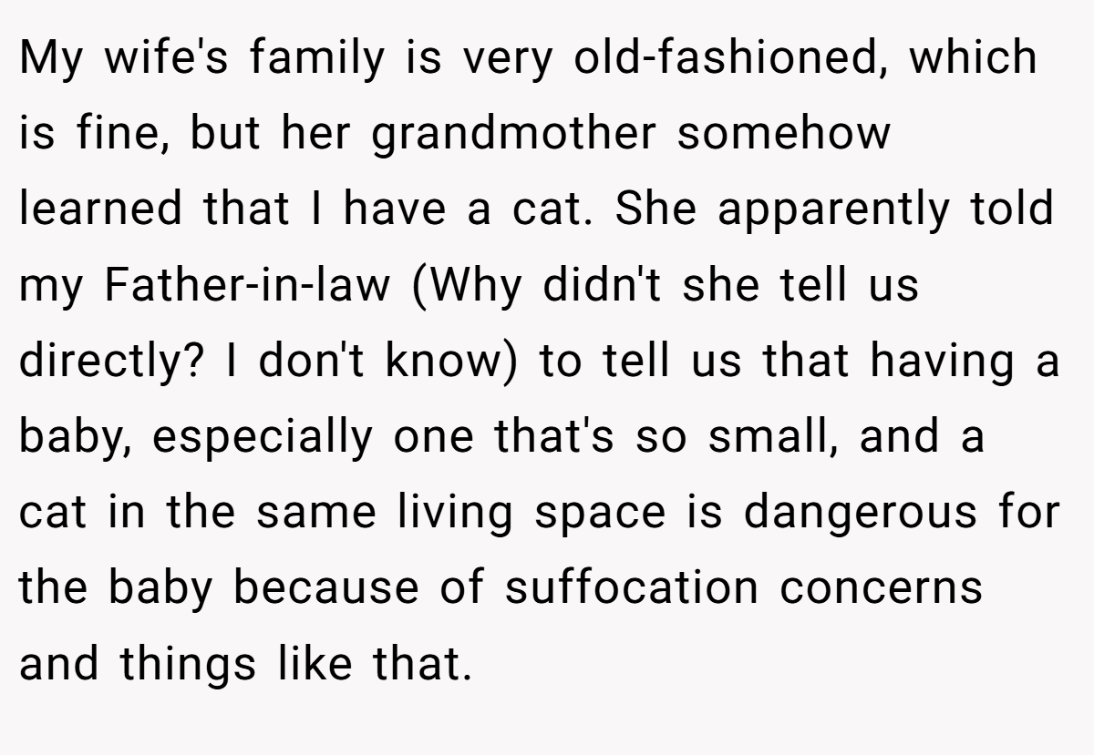 My wife's family is very old-fashioned, which is fine, but her grandmother somehow learned that I have a cat. She apparently told my Father-in-law (Why didn't she tell us directly? I don't know) to tell us that having a baby, especially one that's so small, and a cat in the same living space is dangerous for the baby because of suffocation concerns and things like that.