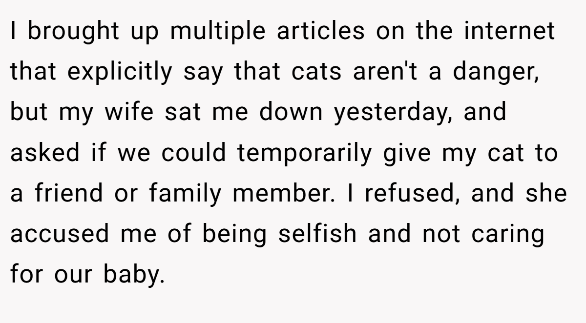 I brought up multiple articles on the internet that explicitly say that cats aren't a danger, but my wife sat me down yesterday, and asked if we could temporarily give my cat to a friend or family member. I refused, and she accused me of being selfish and not caring for our baby.