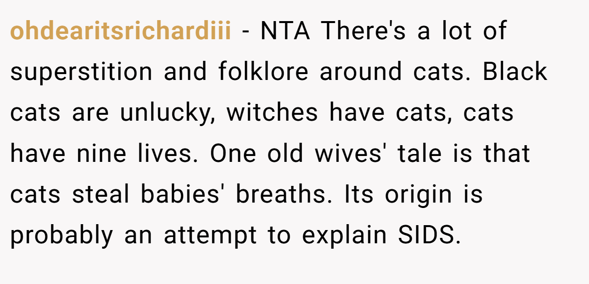ohdearitsrichardiii − NTA There's a lot of superstition and folklore around cats. Black cats are unlucky, witches have cats, cats have nine lives. One old wives' tale is that cats steal babies' breaths. Its origin is probably an attempt to explain SIDS.