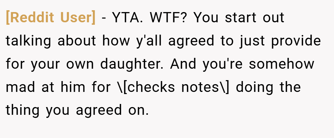 [Reddit User] − YTA. WTF? You start out talking about how y'all agreed to just provide for your own daughter. And you're somehow mad at him for \[checks notes\] doing the thing you agreed on.