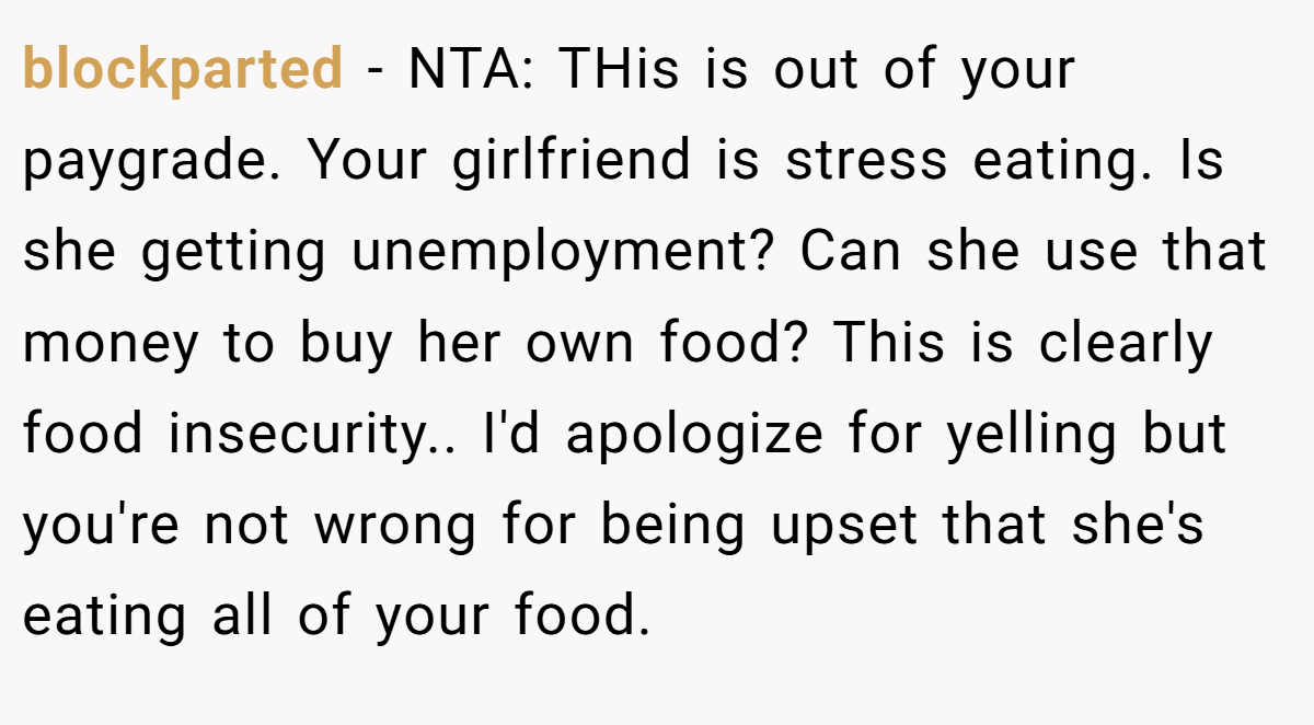 blockparted − NTA: THis is out of your paygrade. Your girlfriend is stress eating. Is she getting unemployment? Can she use that money to buy her own food? This is clearly food insecurity.. I'd apologize for yelling but you're not wrong for being upset that she's eating all of your food.