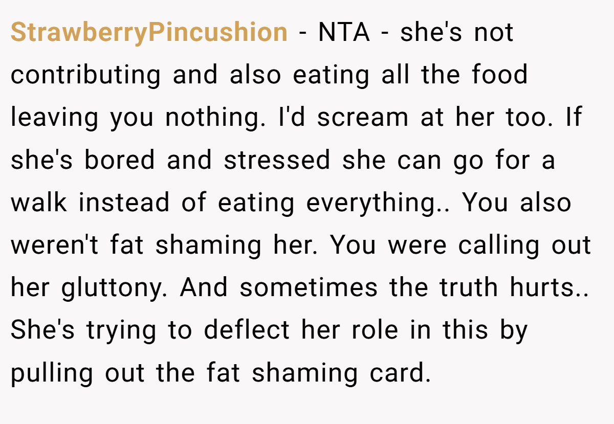 StrawberryPincushion − NTA - she's not contributing and also eating all the food leaving you nothing. I'd scream at her too. If she's bored and stressed she can go for a walk instead of eating everything.. You also weren't fat shaming her. You were calling out her gluttony. And sometimes the truth hurts.. She's trying to deflect her role in this by pulling out the fat shaming card.