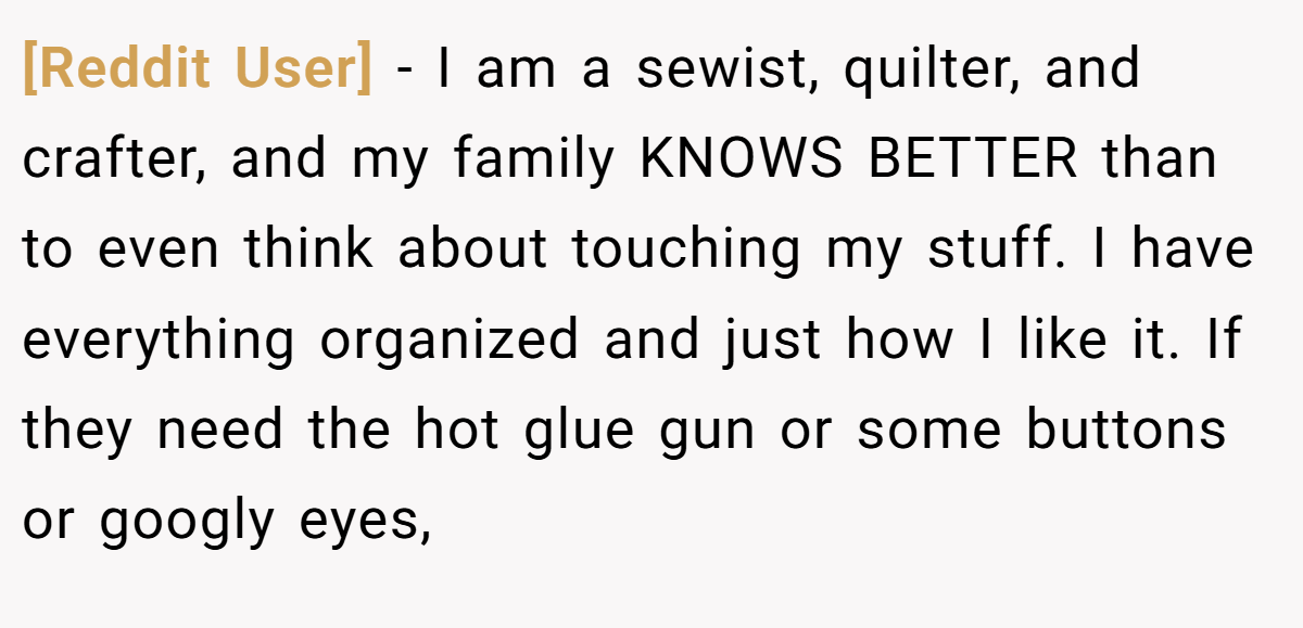 [Reddit User] − I am a sewist, quilter, and crafter, and my family KNOWS BETTER than to even think about touching my stuff. I have everything organized and just how I like it. If they need the hot glue gun or some buttons or googly eyes,