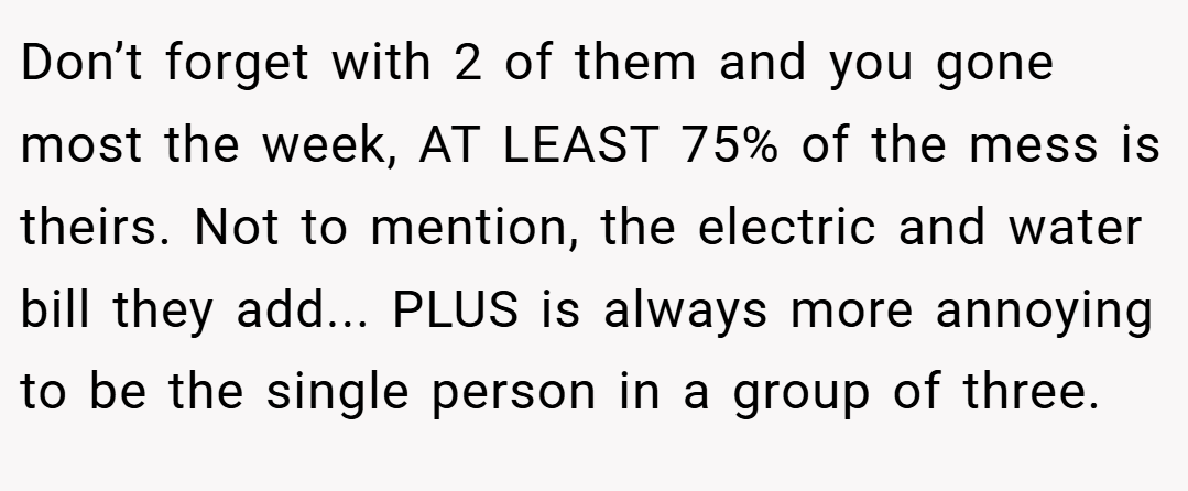 Don’t forget with 2 of them and you gone most the week, AT LEAST 75% of the mess is theirs. Not to mention, the electric and water bill they add... PLUS is always more annoying to be the single person in a group of three.