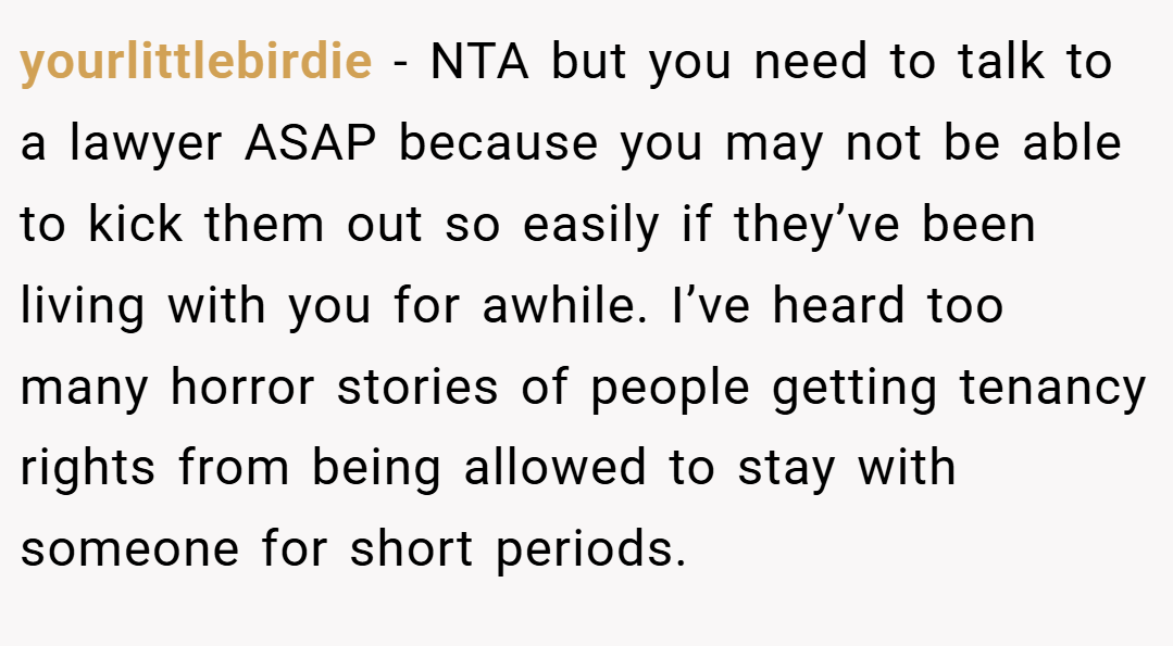 yourlittlebirdie − NTA but you need to talk to a lawyer ASAP because you may not be able to kick them out so easily if they’ve been living with you for awhile. I’ve heard too many horror stories of people getting tenancy rights from being allowed to stay with someone for short periods.