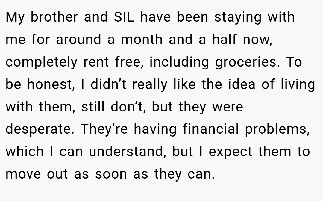 My brother and SIL have been staying with me for around a month and a half now, completely rent free, including groceries. To be honest, I didn’t really like the idea of living with them, still don’t, but they were desperate. They’re having financial problems, which I can understand, but I expect them to move out as soon as they can.