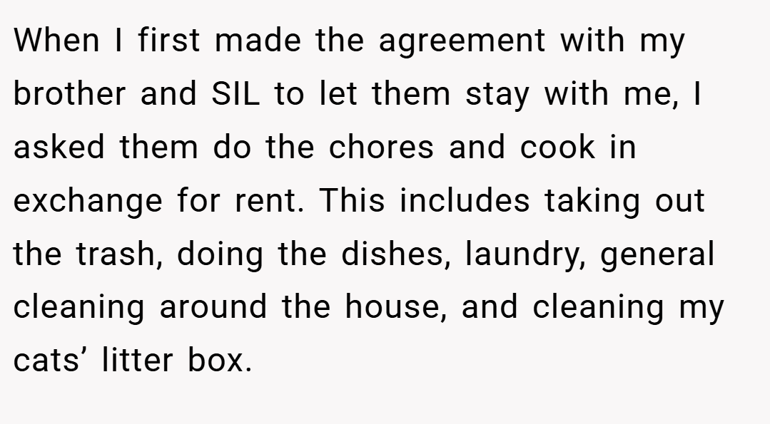 When I first made the agreement with my brother and SIL to let them stay with me, I asked them do the chores and cook in exchange for rent. This includes taking out the trash, doing the dishes, laundry, general cleaning around the house, and cleaning my cats’ litter box.