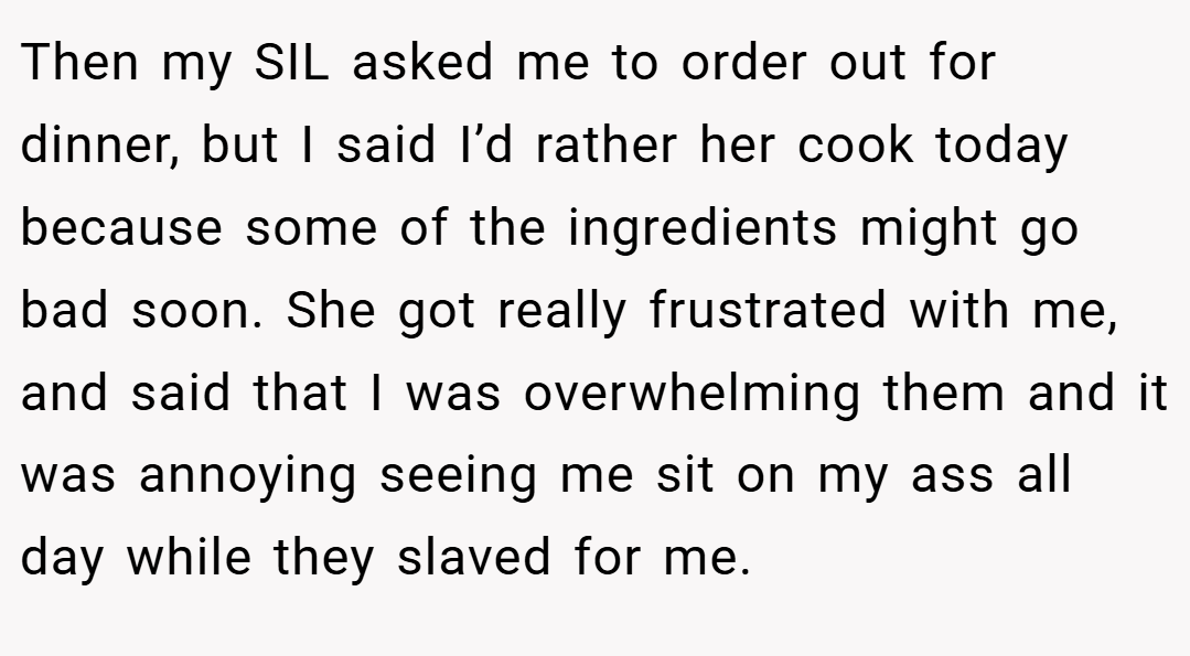 Then my SIL asked me to order out for dinner, but I said I’d rather her cook today because some of the ingredients might go bad soon. She got really frustrated with me, and said that I was overwhelming them and it was annoying seeing me sit on my ass all day while they slaved for me.