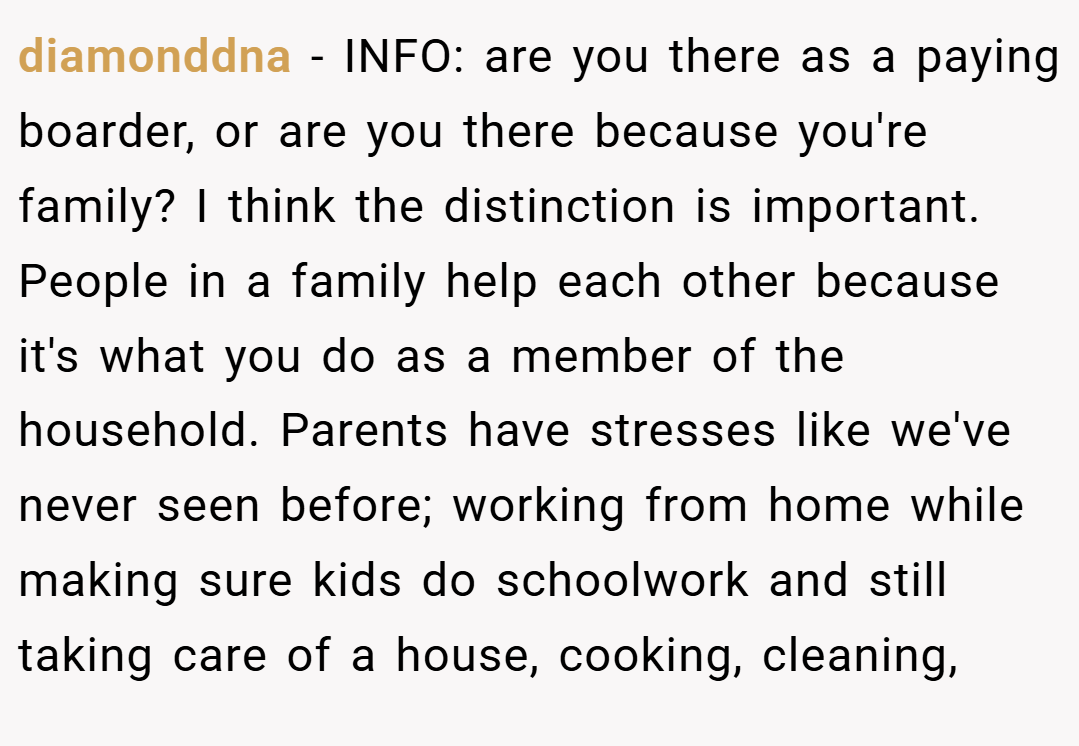 diamonddna − INFO: are you there as a paying boarder, or are you there because you're family? I think the distinction is important. People in a family help each other because it's what you do as a member of the household. Parents have stresses like we've never seen before; working from home while making sure kids do schoolwork and still taking care of a house, cooking, cleaning,