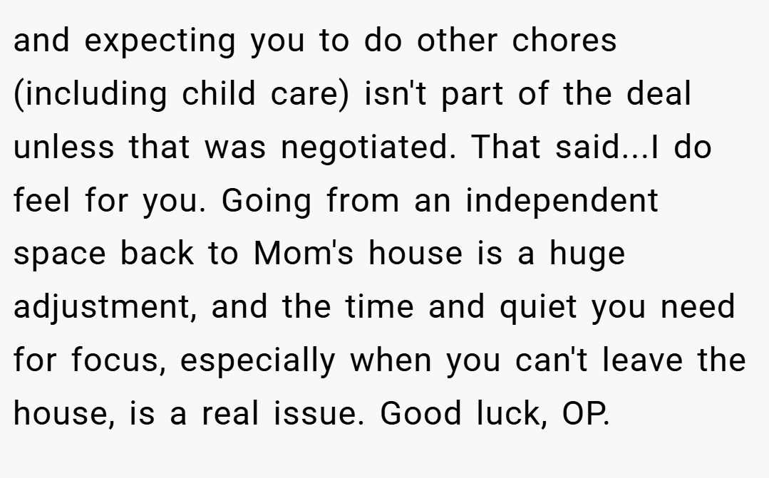 and expecting you to do other chores (including child care) isn't part of the deal unless that was negotiated. That said...I do feel for you. Going from an independent space back to Mom's house is a huge adjustment, and the time and quiet you need for focus, especially when you can't leave the house, is a real issue. Good luck, OP.
