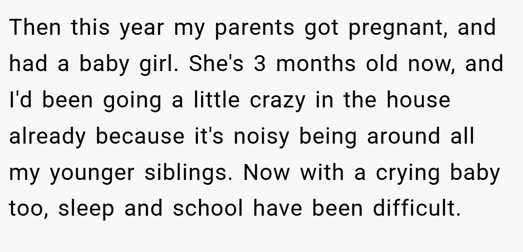 Then this year my parents got pregnant, and had a baby girl. She's 3 months old now, and I'd been going a little crazy in the house already because it's noisy being around all my younger siblings. Now with a crying baby too, sleep and school have been difficult.
