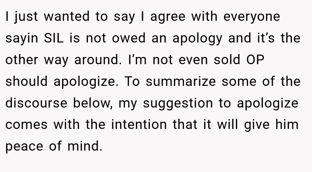 I just wanted to say I agree with everyone sayin SIL is not owed an apology and it’s the other way around. I’m not even sold OP should apologize. To summarize some of the discourse below, my suggestion to apologize comes with the intention that it will give him peace of mind.