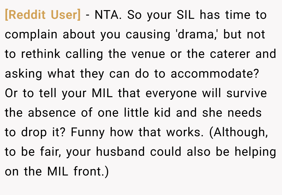 [Reddit User] − NTA. So your SIL has time to complain about you causing 'drama,' but not to rethink calling the venue or the caterer and asking what they can do to accommodate? Or to tell your MIL that everyone will survive the absence of one little kid and she needs to drop it? Funny how that works. (Although, to be fair, your husband could also be helping on the MIL front.)