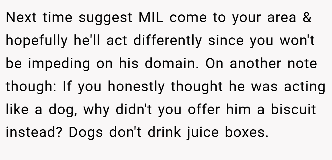 Next time suggest MIL come to your area & hopefully he'll act differently since you won't be impeding on his domain. On another note though: If you honestly thought he was acting like a dog, why didn't you offer him a biscuit instead? Dogs don't drink juice boxes.