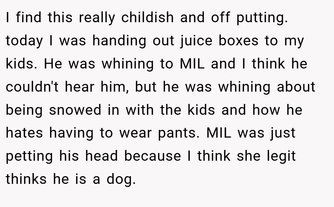I find this really childish and off putting. today I was handing out juice boxes to my kids. He was whining to MIL and I think he couldn't hear him, but he was whining about being snowed in with the kids and how he hates having to wear pants. MIL was just petting his head because I think she legit thinks he is a dog.
