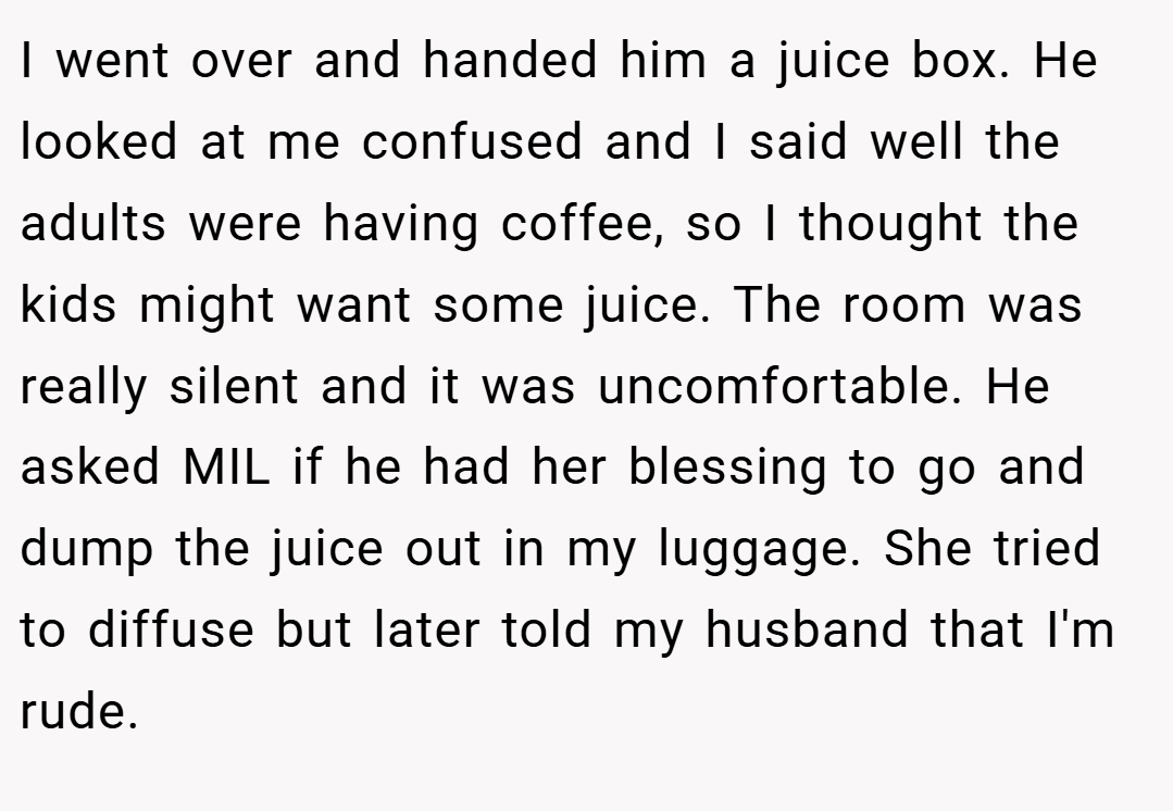 I went over and handed him a juice box. He looked at me confused and I said well the adults were having coffee, so I thought the kids might want some juice. The room was really silent and it was uncomfortable. He asked MIL if he had her blessing to go and dump the juice out in my luggage. She tried to diffuse but later told my husband that I'm rude.