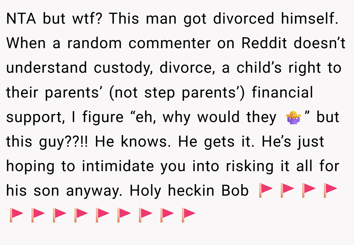 NTA but wtf? This man got divorced himself. When a random commenter on Reddit doesn’t understand custody, divorce, a child’s right to their parents’ (not step parents’) financial support, I figure “eh, why would they 🤷‍♀️” but this guy??!! He knows. He gets it. He’s just hoping to intimidate you into risking it all for his son anyway. Holy heckin Bob 🚩🚩🚩🚩🚩🚩🚩🚩🚩🚩🚩🚩🚩