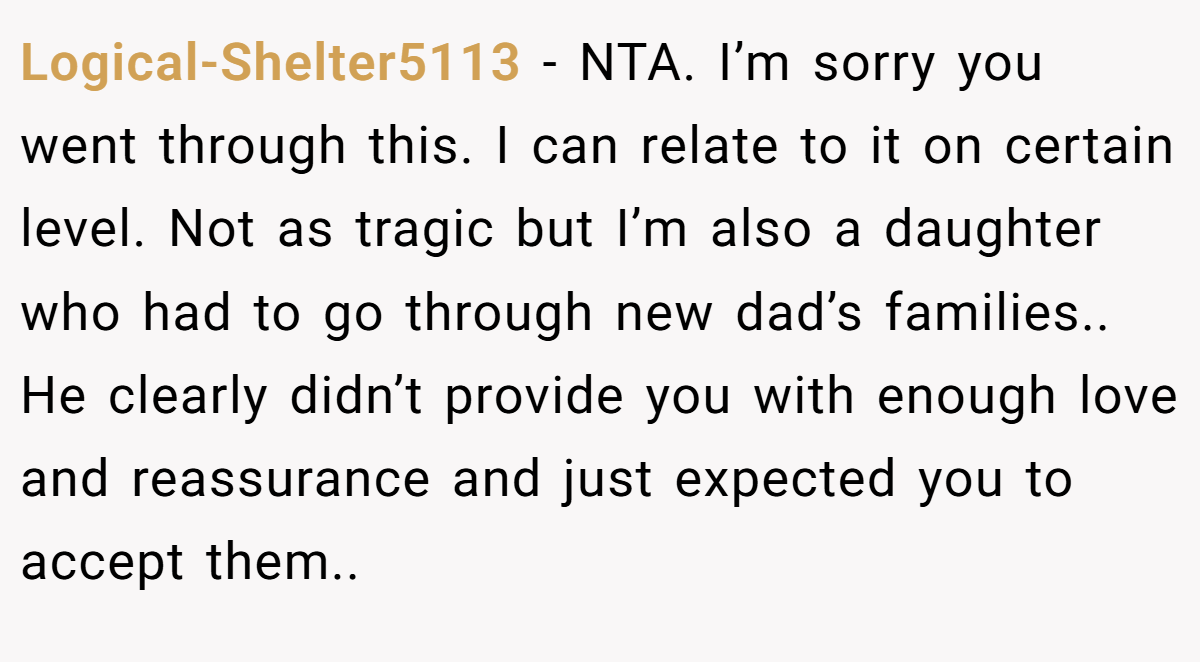Logical-Shelter5113 − NTA. I’m sorry you went through this. I can relate to it on certain level. Not as tragic but I’m also a daughter who had to go through new dad’s families.. He clearly didn’t provide you with enough love and reassurance and just expected you to accept them..