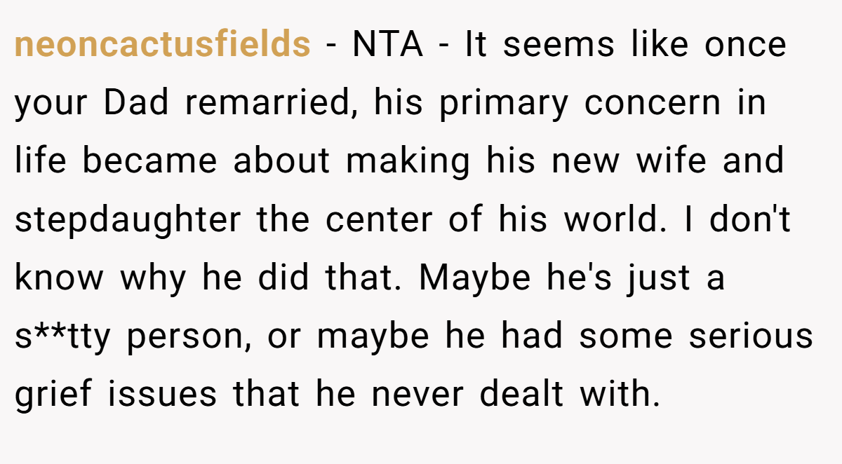 neoncactusfields − NTA - It seems like once your Dad remarried, his primary concern in life became about making his new wife and stepdaughter the center of his world. I don't know why he did that. Maybe he's just a s**tty person, or maybe he had some serious grief issues that he never dealt with.