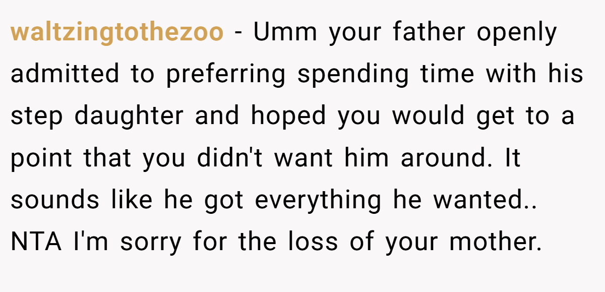 waltzingtothezoo − Umm your father openly admitted to preferring spending time with his step daughter and hoped you would get to a point that you didn't want him around. It sounds like he got everything he wanted.. NTA I'm sorry for the loss of your mother.