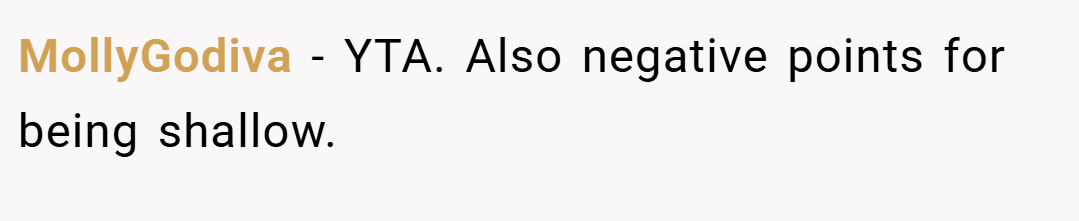 MollyGodiva − YTA. Also negative points for being shallow.