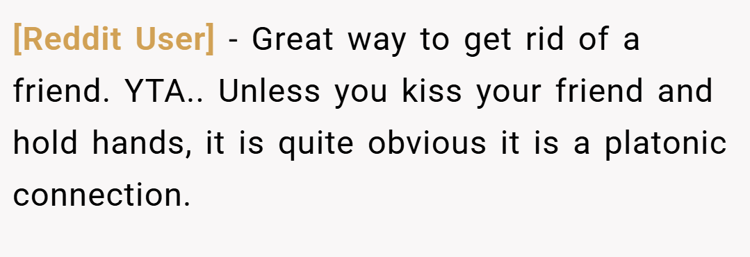 [Reddit User] − Great way to get rid of a friend. YTA.. Unless you kiss your friend and hold hands, it is quite obvious it is a platonic connection.