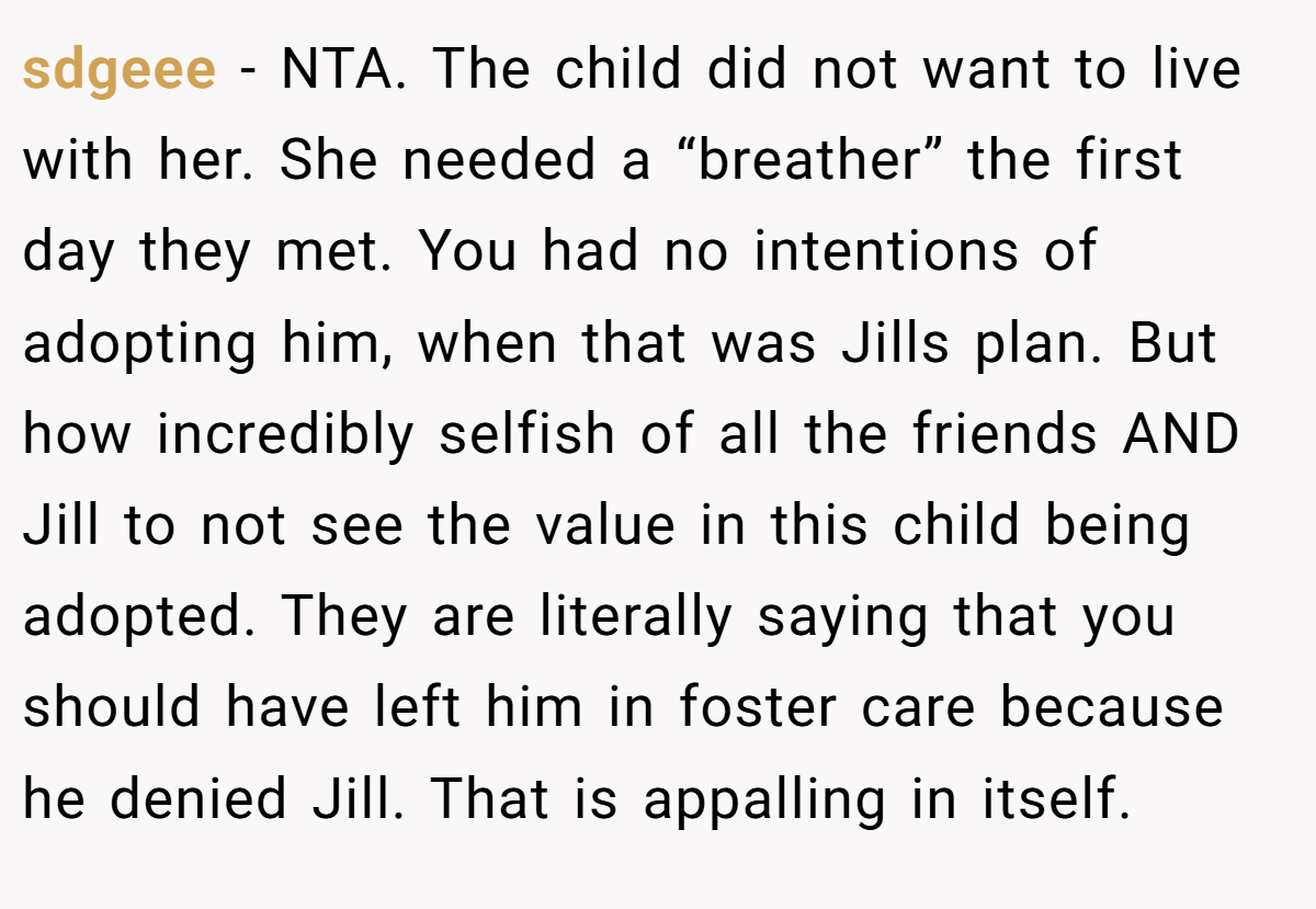 sdgeee − NTA. The child did not want to live with her. She needed a “breather” the first day they met. You had no intentions of adopting him, when that was Jills plan. But how incredibly selfish of all the friends AND Jill to not see the value in this child being adopted. They are literally saying that you should have left him in foster care because he denied Jill. That is appalling in itself.