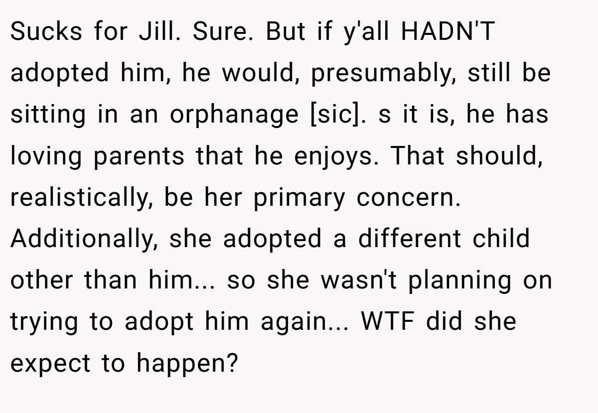 Sucks for Jill. Sure. But if y'all HADN'T adopted him, he would, presumably, still be sitting in an orphanage [sic]. s it is, he has loving parents that he enjoys. That should, realistically, be her primary concern. Additionally, she adopted a different child other than him... so she wasn't planning on trying to adopt him again... WTF did she expect to happen?
