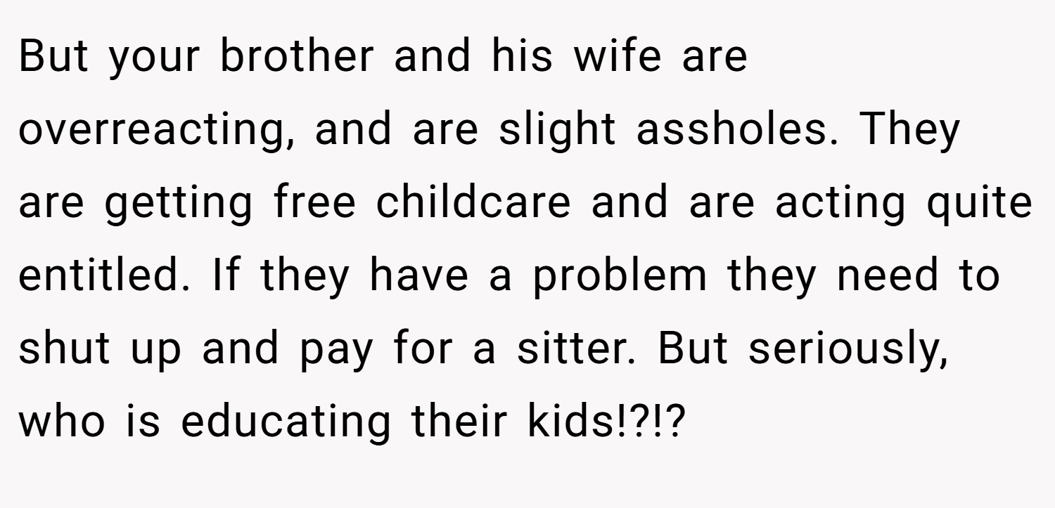 But your brother and his wife are overreacting, and are slight assholes. They are getting free childcare and are acting quite entitled. If they have a problem they need to shut up and pay for a sitter. But seriously, who is educating their kids!?!?