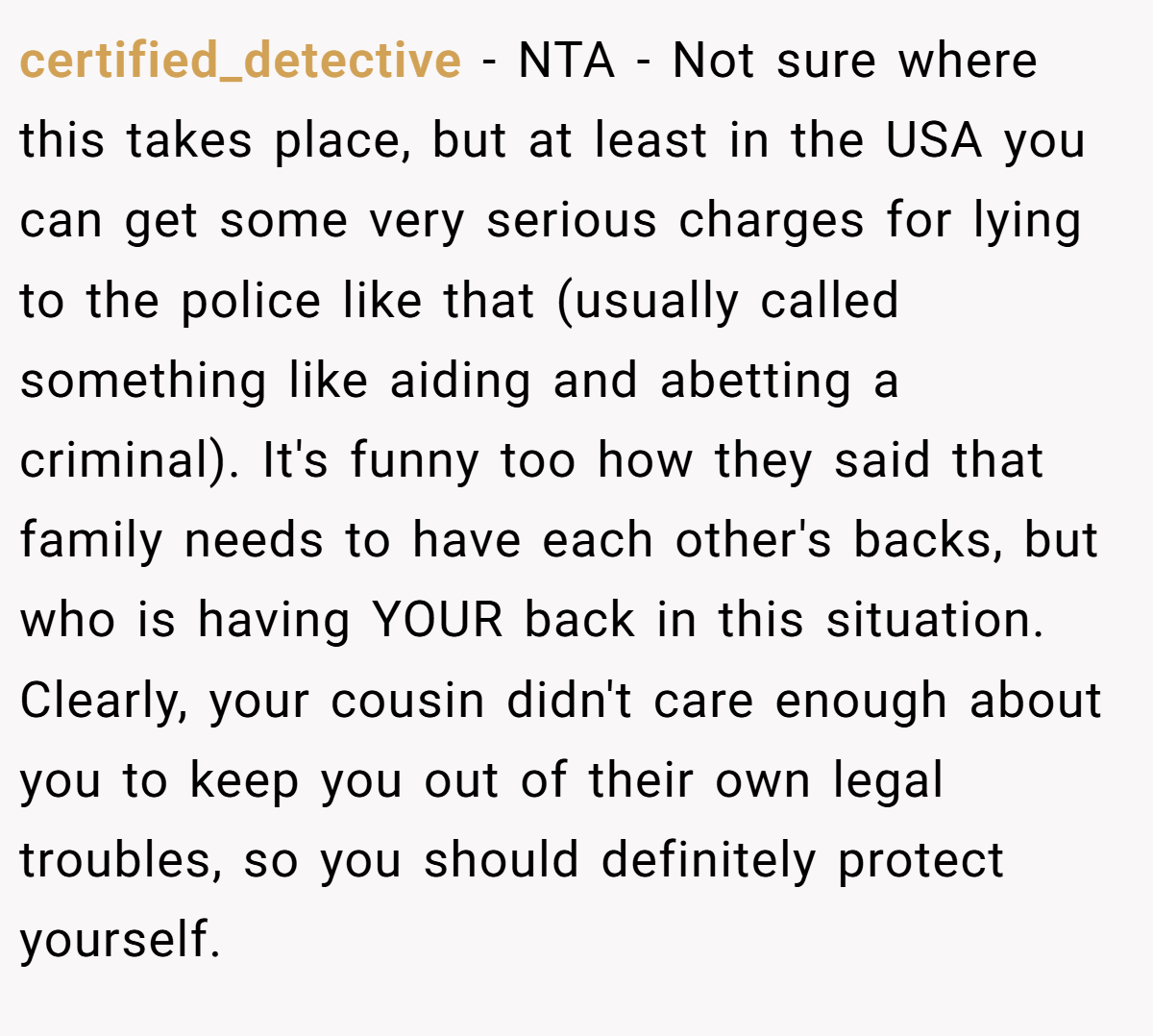 certified_detective − NTA - Not sure where this takes place, but at least in the USA you can get some very serious charges for lying to the police like that (usually called something like aiding and abetting a criminal). It's funny too how they said that family needs to have each other's backs, but who is having YOUR back in this situation. Clearly, your cousin didn't care enough about you to keep you out of their own legal troubles, so you should definitely protect yourself.