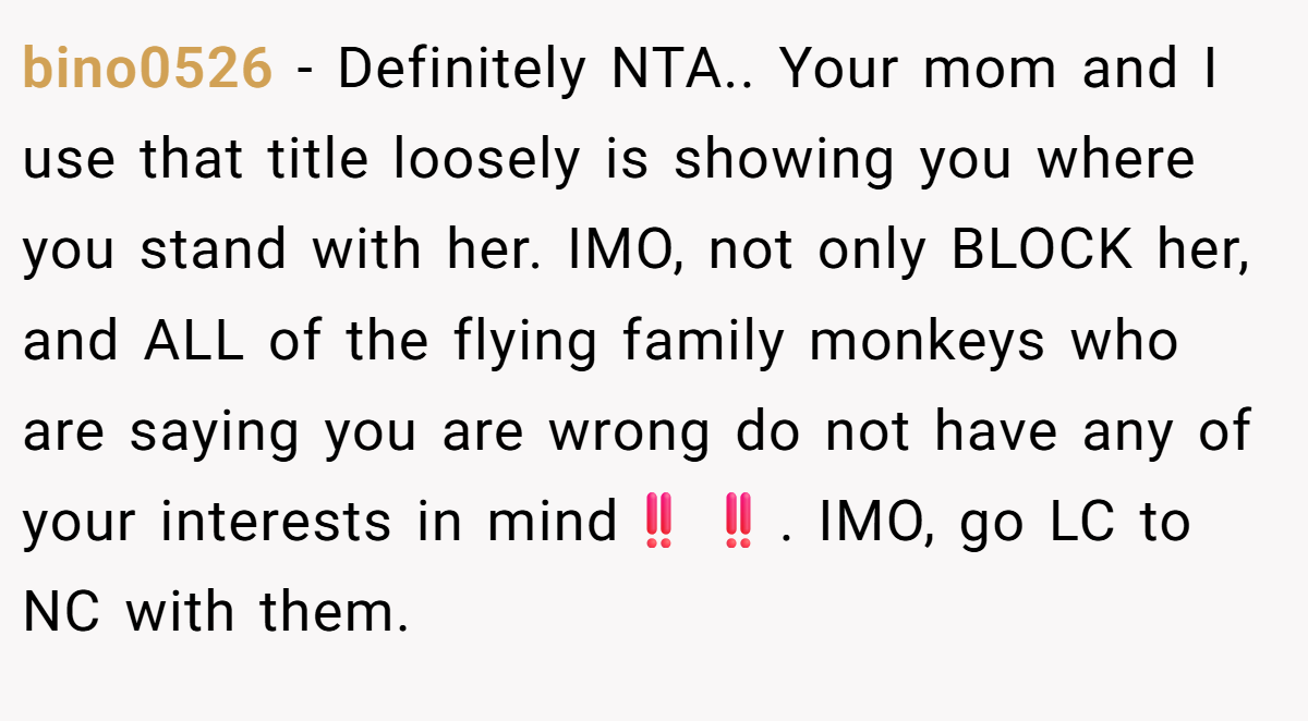bino0526 − Definitely NTA.. Your mom and I use that title loosely is showing you where you stand with her. IMO, not only BLOCK her, and ALL of the flying family monkeys who are saying you are wrong do not have any of your interests in mind‼️‼️. IMO, go LC to NC with them.