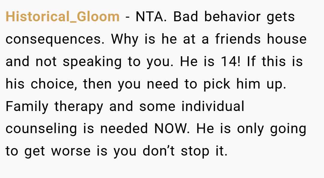 Historical_Gloom − NTA. Bad behavior gets consequences. Why is he at a friends house and not speaking to you. He is 14! If this is his choice, then you need to pick him up. Family therapy and some individual counseling is needed NOW. He is only going to get worse is you don’t stop it.