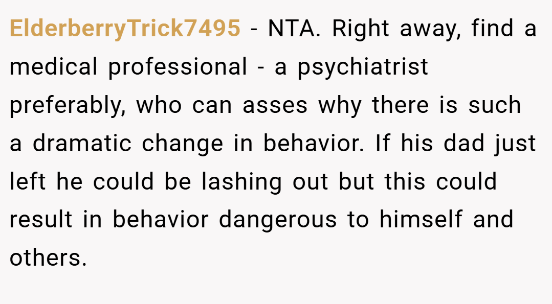 ElderberryTrick7495 − NTA. Right away, find a medical professional - a psychiatrist preferably, who can asses why there is such a dramatic change in behavior. If his dad just left he could be lashing out but this could result in behavior dangerous to himself and others.