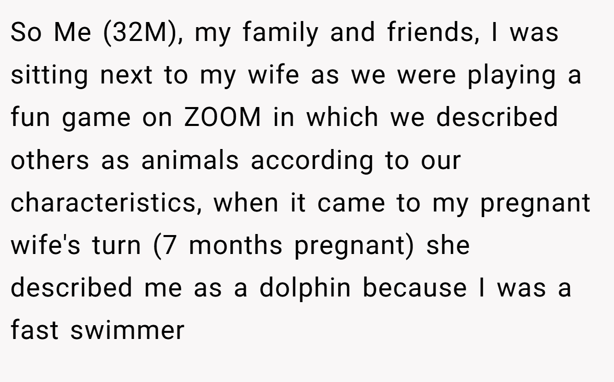 So Me (32M), my family and friends, I was sitting next to my wife as we were playing a fun game on ZOOM in which we described others as animals according to our characteristics, when it came to my pregnant wife's turn (7 months pregnant) she described me as a dolphin because I was a fast swimmer