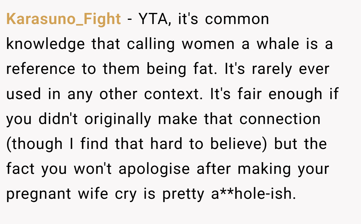 Karasuno_Fight − YTA, it's common knowledge that calling women a whale is a reference to them being fat. It's rarely ever used in any other context. It's fair enough if you didn't originally make that connection (though I find that hard to believe) but the fact you won't apologise after making your pregnant wife cry is pretty a**hole-ish.