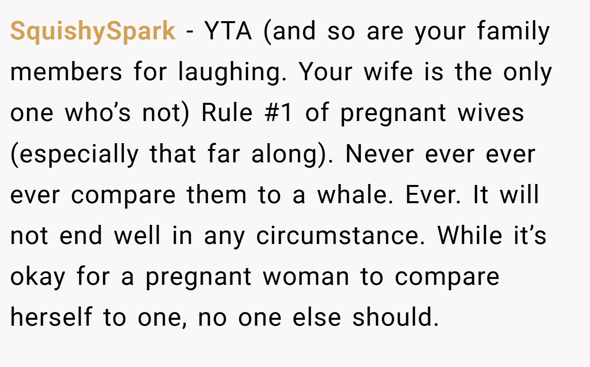 SquishySpark − YTA (and so are your family members for laughing. Your wife is the only one who’s not) Rule #1 of pregnant wives (especially that far along). Never ever ever ever compare them to a whale. Ever. It will not end well in any circumstance. While it’s okay for a pregnant woman to compare herself to one, no one else should.