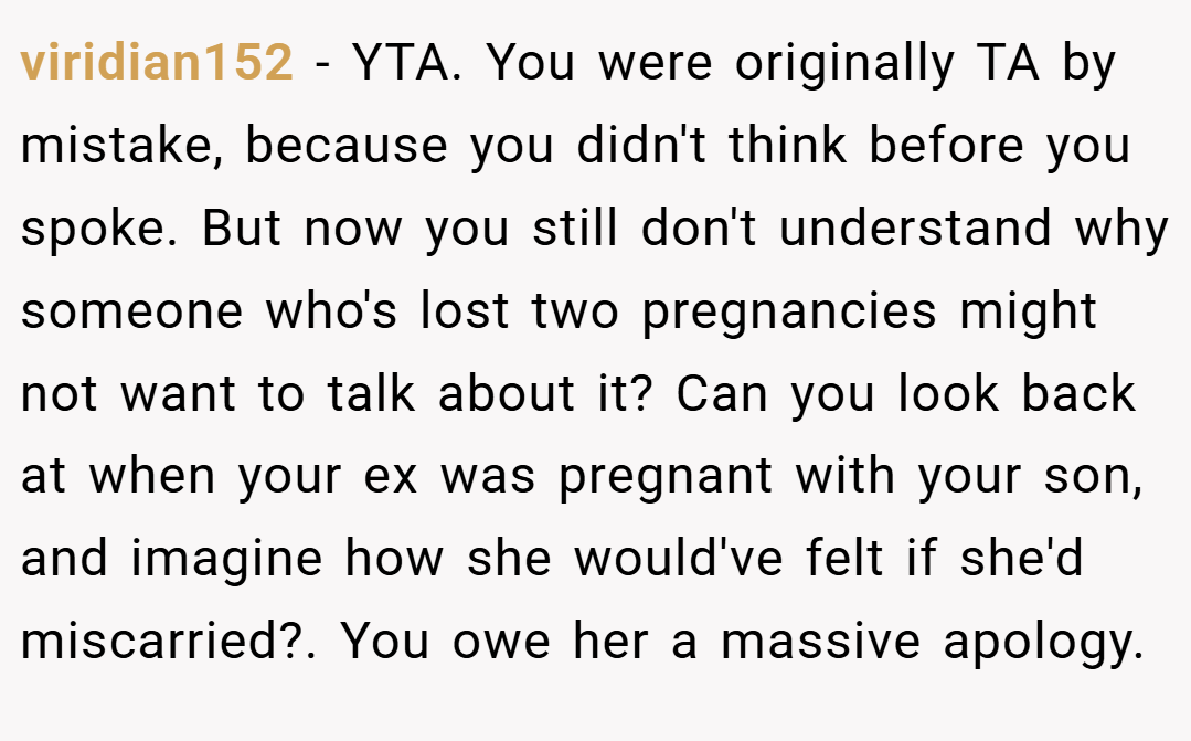viridian152 − YTA. You were originally TA by mistake, because you didn't think before you spoke. But now you still don't understand why someone who's lost two pregnancies might not want to talk about it? Can you look back at when your ex was pregnant with your son, and imagine how she would've felt if she'd miscarried?. You owe her a massive apology.