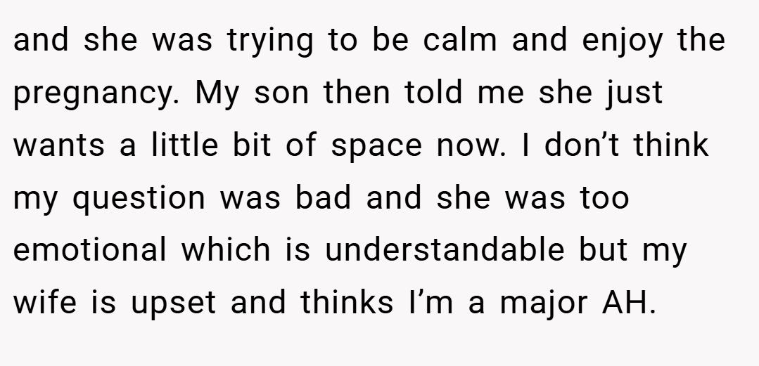 and she was trying to be calm and enjoy the pregnancy. My son then told me she just wants a little bit of space now. I don’t think my question was bad and she was too emotional which is understandable but my wife is upset and thinks I’m a major AH.