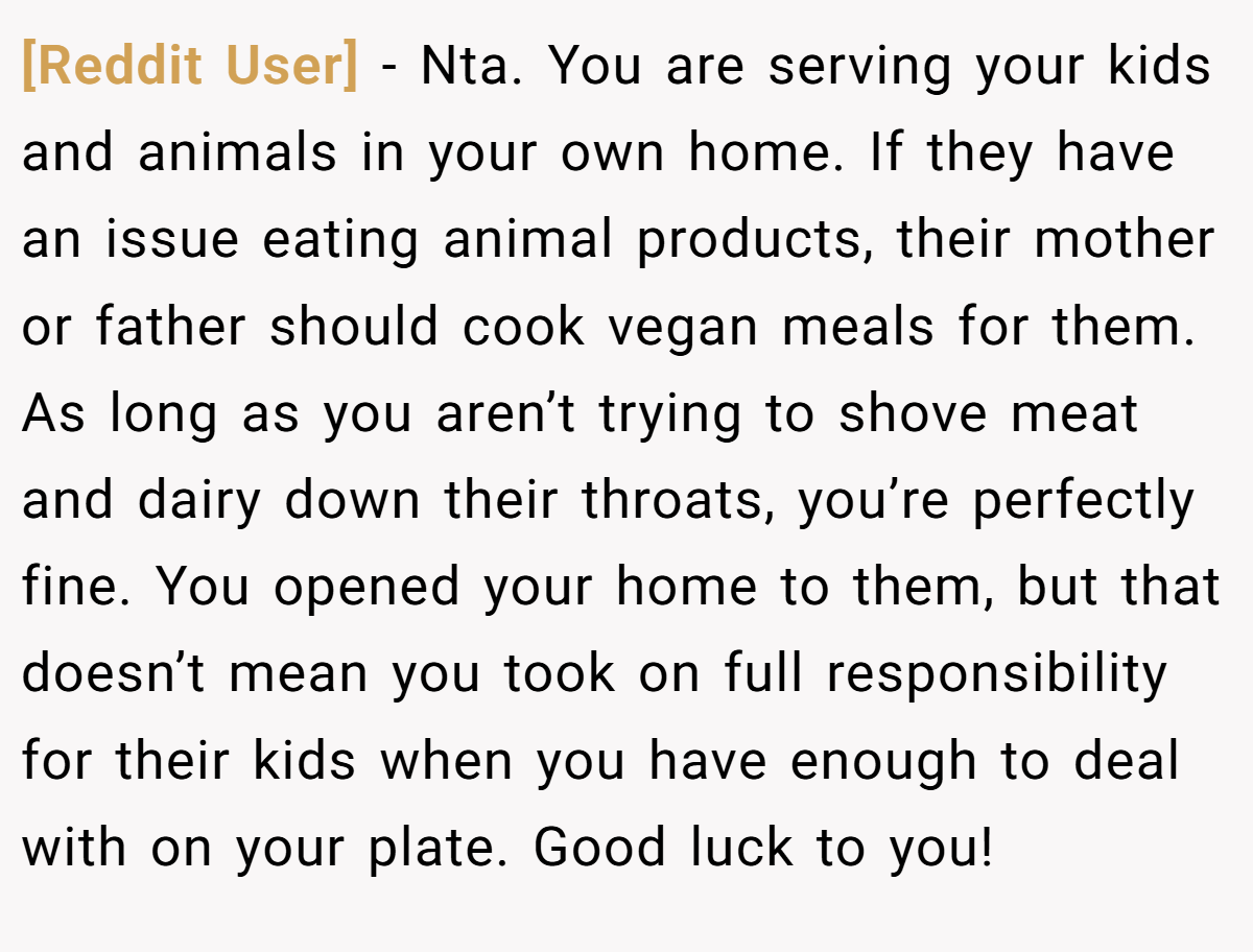 [Reddit User] − Nta. You are serving your kids and animals in your own home. If they have an issue eating animal products, their mother or father should cook vegan meals for them. As long as you aren’t trying to shove meat and dairy down their throats, you’re perfectly fine. You opened your home to them, but that doesn’t mean you took on full responsibility for their kids when you have enough to deal with on your plate. Good luck to you!