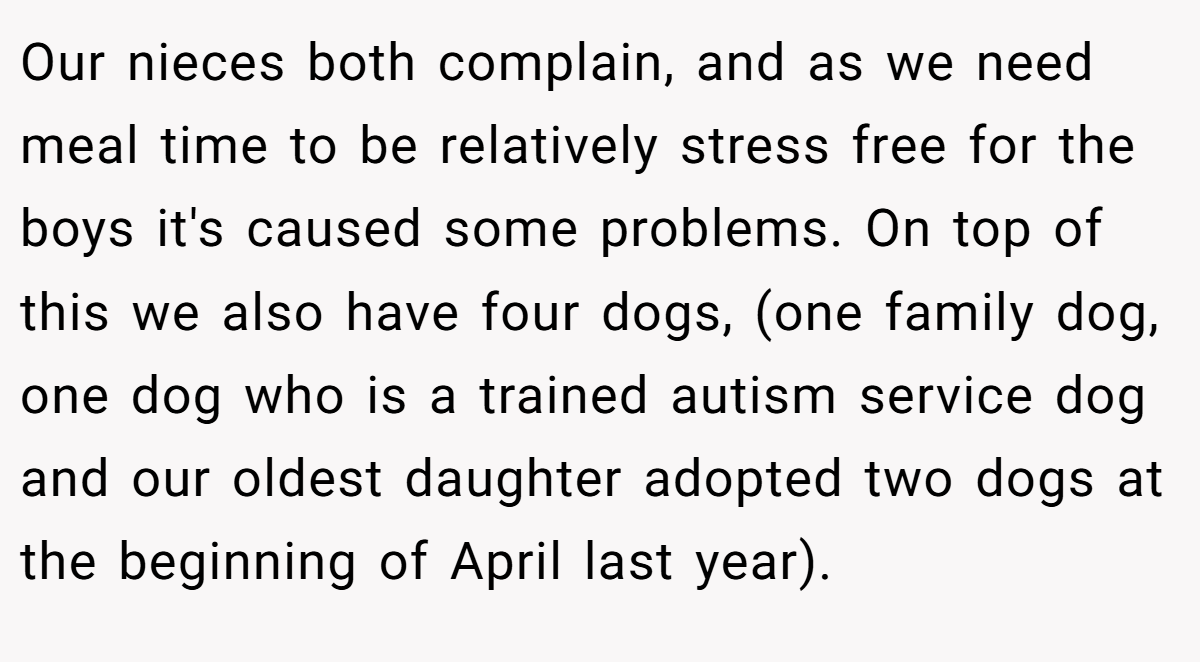 Our nieces both complain, and as we need meal time to be relatively stress free for the boys it's caused some problems. On top of this we also have four dogs, (one family dog, one dog who is a trained autism service dog and our oldest daughter adopted two dogs at the beginning of April last year).