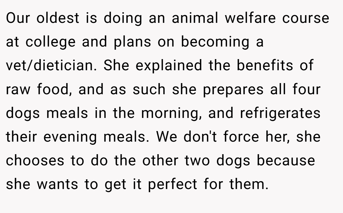 Our oldest is doing an animal welfare course at college and plans on becoming a vet/dietician. She explained the benefits of raw food, and as such she prepares all four dogs meals in the morning, and refrigerates their evening meals. We don't force her, she chooses to do the other two dogs because she wants to get it perfect for them.