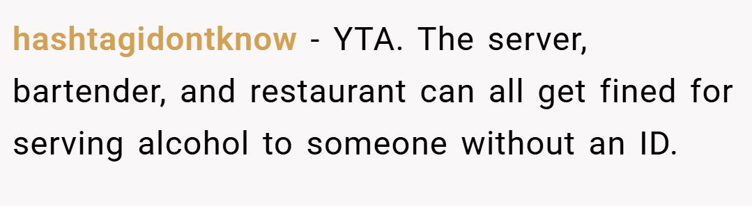 hashtagidontknow − YTA. The server, bartender, and restaurant can all get fined for serving alcohol to someone without an ID.