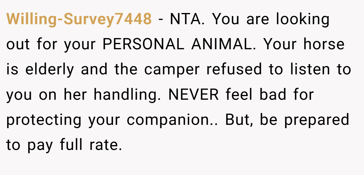 Willing-Survey7448 − NTA. You are looking out for your PERSONAL ANIMAL. Your horse is elderly and the camper refused to listen to you on her handling. NEVER feel bad for protecting your companion.. But, be prepared to pay full rate.