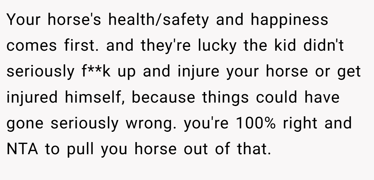 Your horse's health/safety and happiness comes first. and they're lucky the kid didn't seriously f**k up and injure your horse or get injured himself, because things could have gone seriously wrong. you're 100% right and NTA to pull you horse out of that.