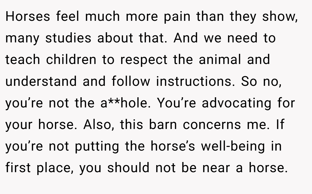 Horses feel much more pain than they show, many studies about that. And we need to teach children to respect the animal and understand and follow instructions. So no, you’re not the a**hole. You’re advocating for your horse. Also, this barn concerns me. If you’re not putting the horse’s well-being in first place, you should not be near a horse.