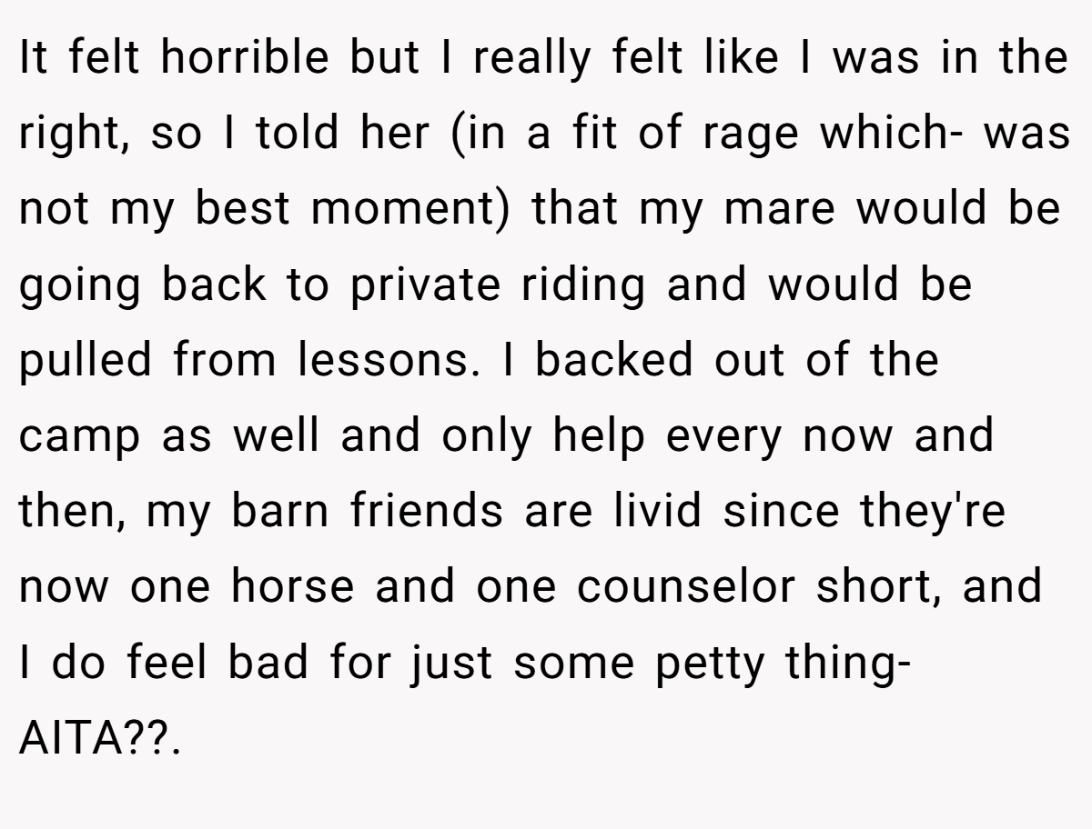 It felt horrible but I really felt like I was in the right, so I told her (in a fit of rage which- was not my best moment) that my mare would be going back to private riding and would be pulled from lessons. I backed out of the camp as well and only help every now and then, my barn friends are livid since they're now one horse and one counselor short, and I do feel bad for just some petty thing- AITA??.